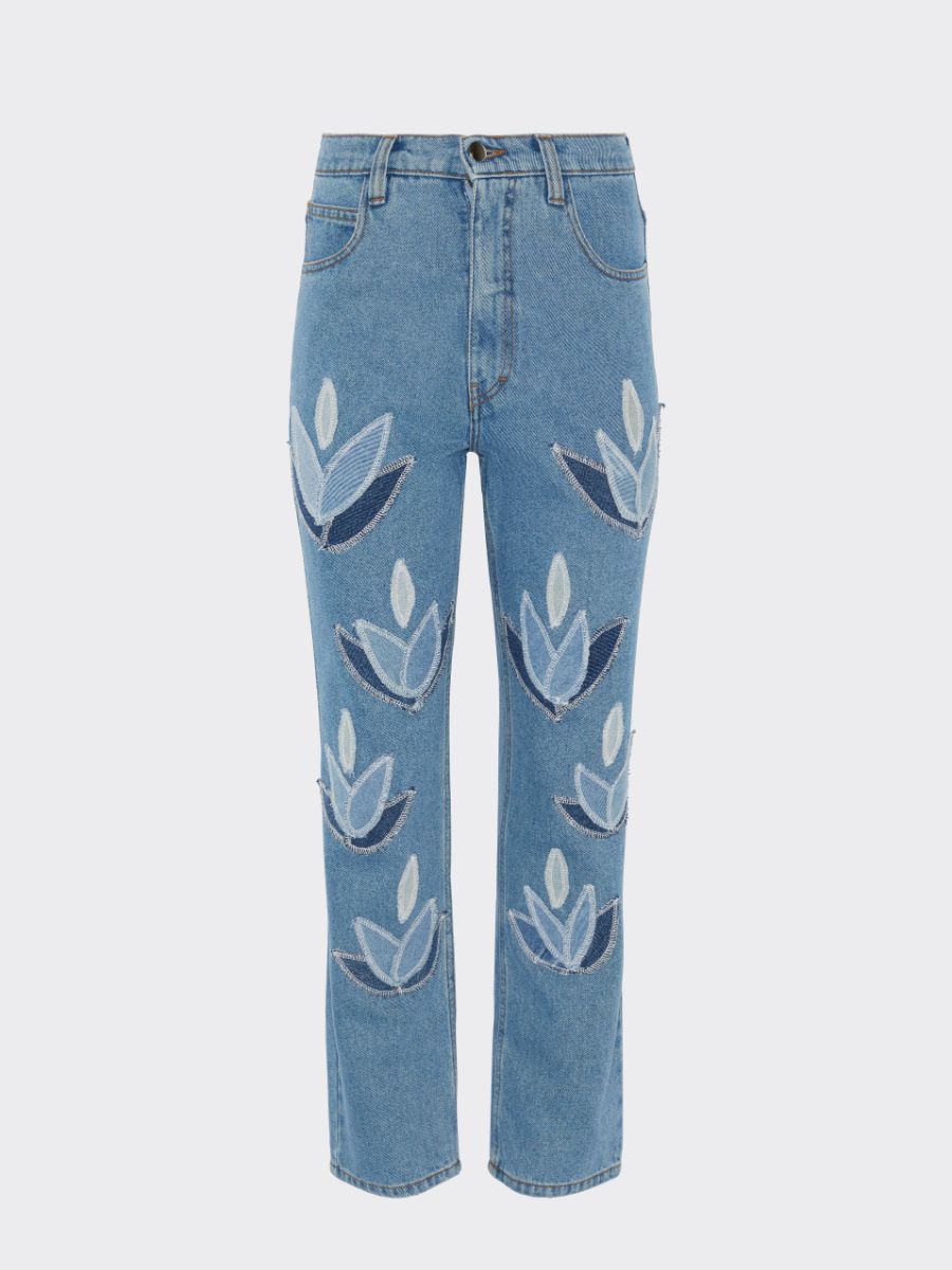 Women's High Waist Blue Jeans | Floral Embroidery | Sustainable | Fanfare