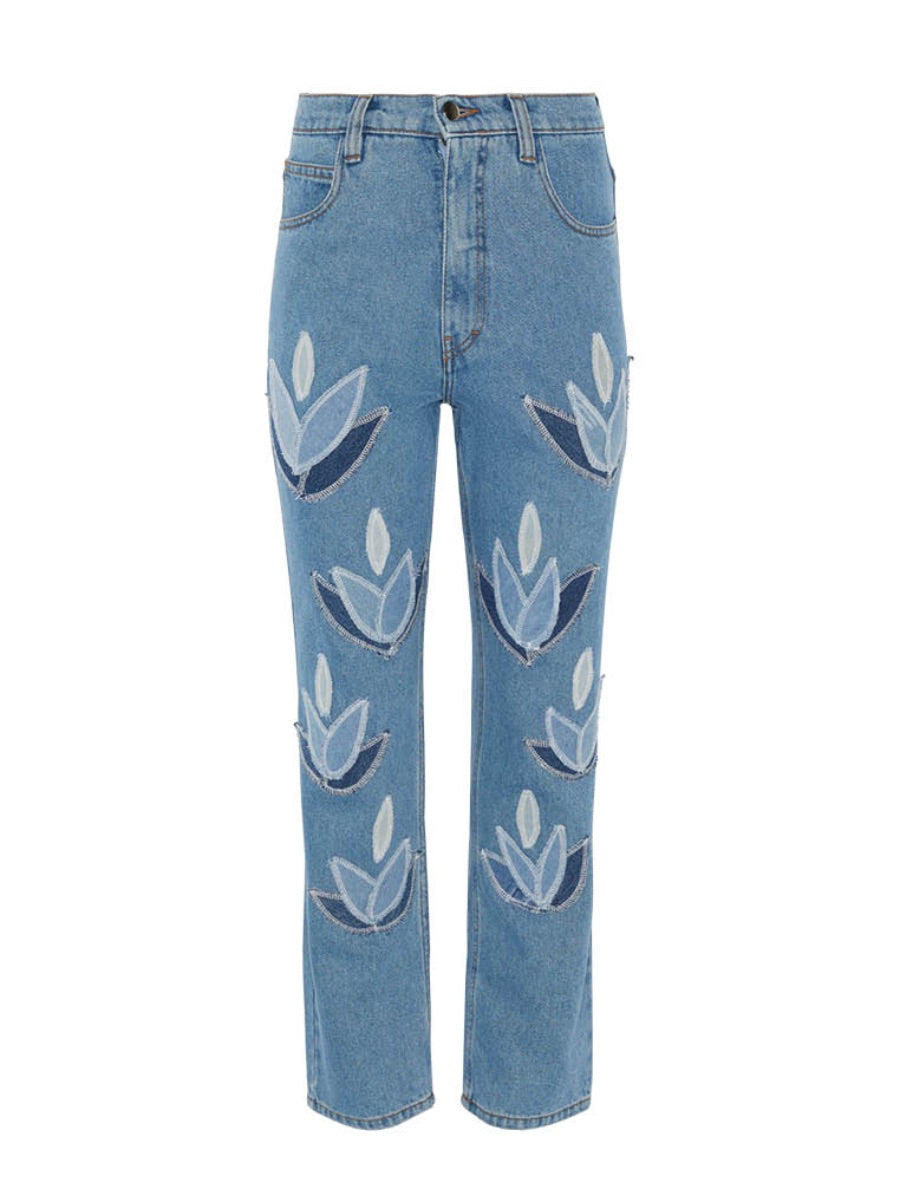 Women's High Waist Blue Jeans | Floral Embroidery | Sustainable | Fanfare
