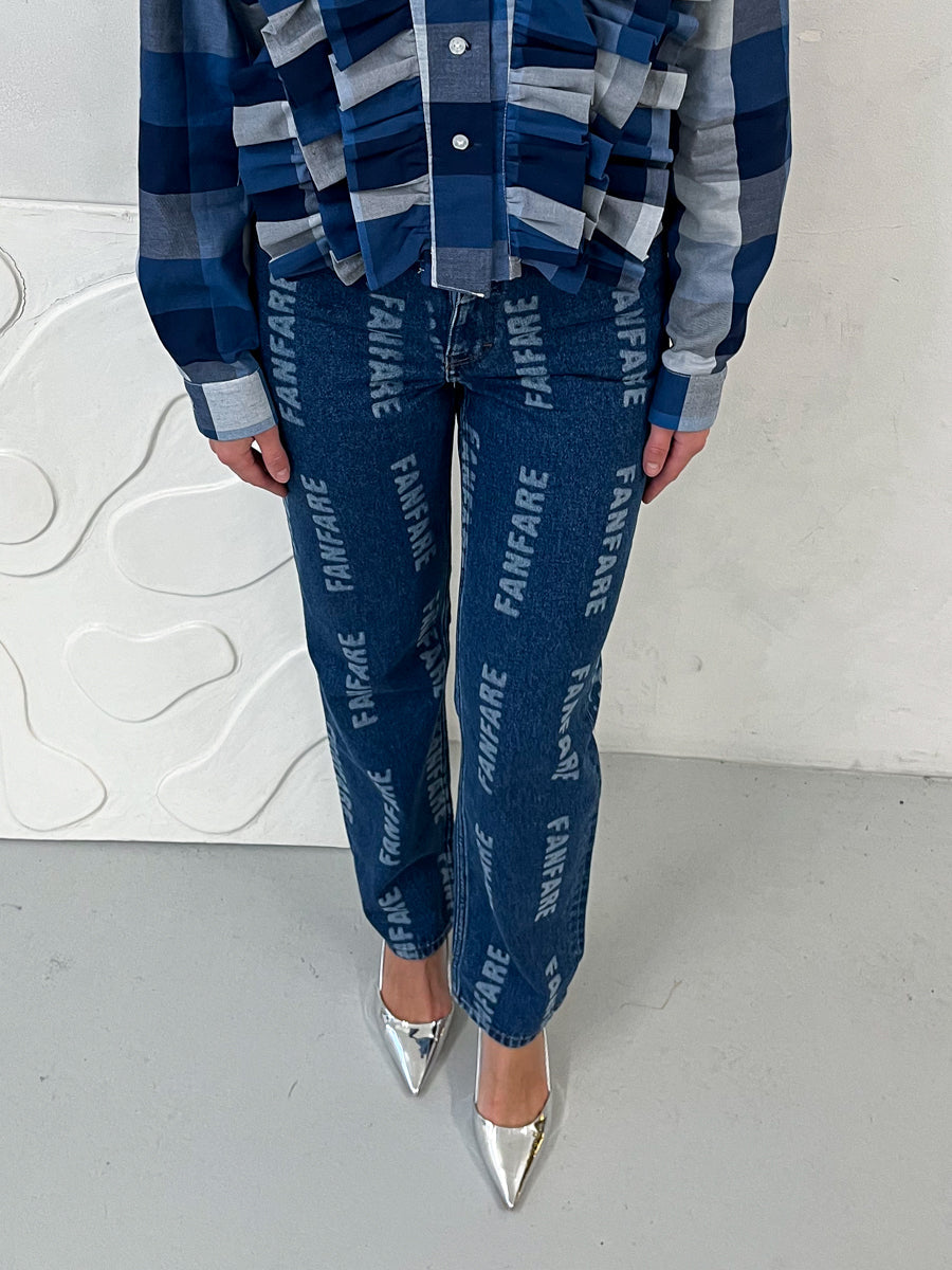 High Waisted Organic & Recycled Laser Fanfare Print Dark Blue Jeans