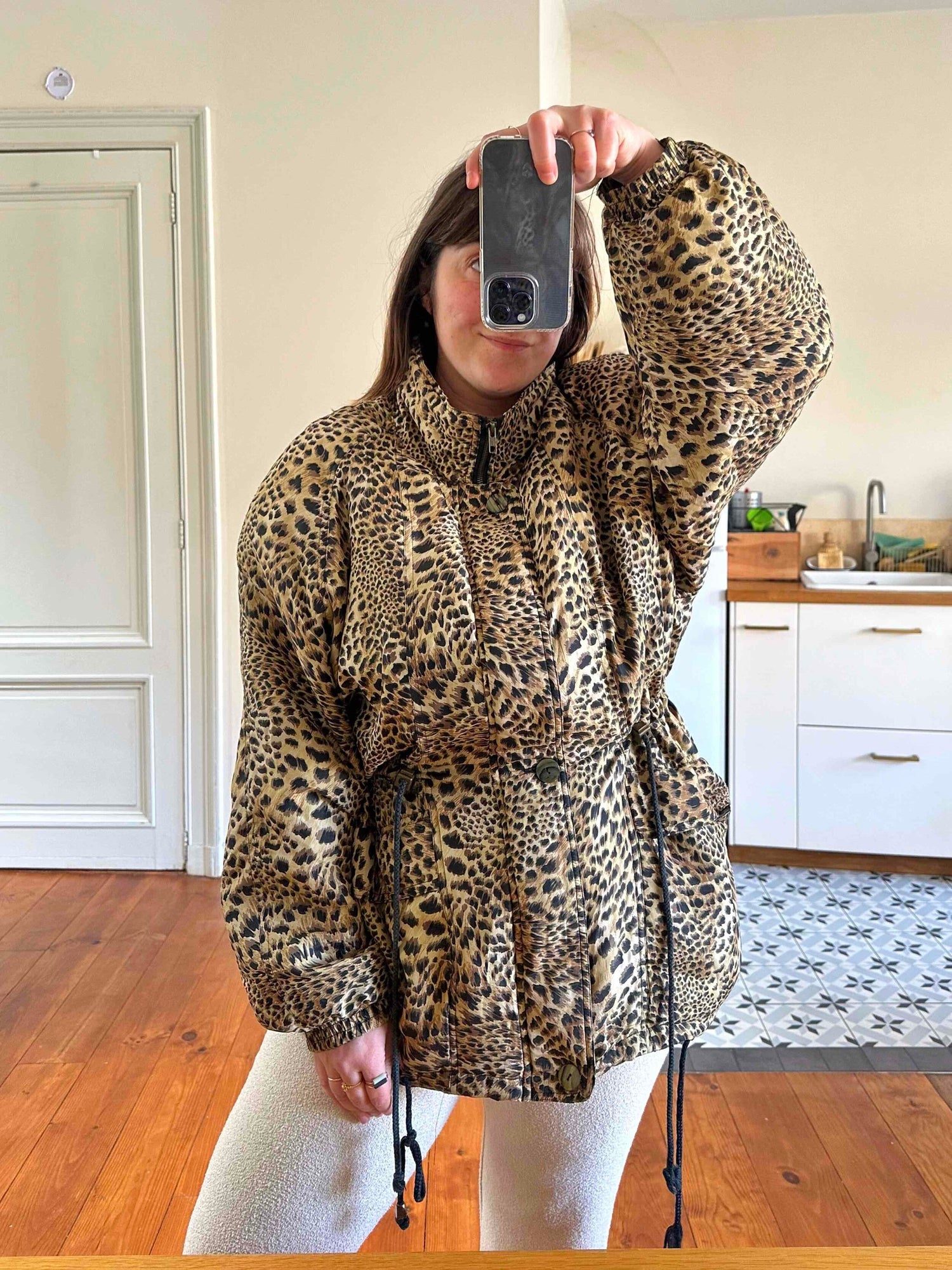 Leopard print silk puffer jacket