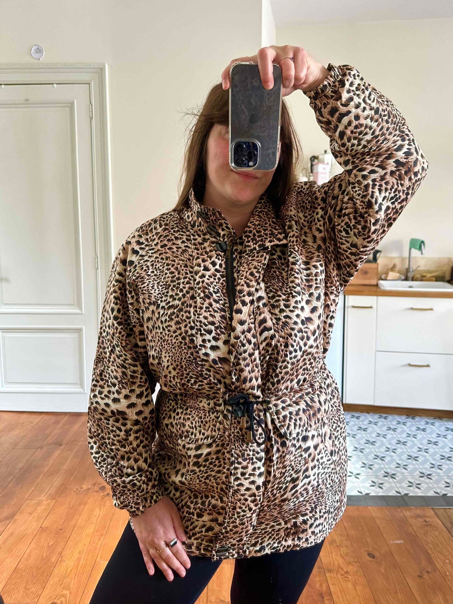 Leopard print silk puffer jacket