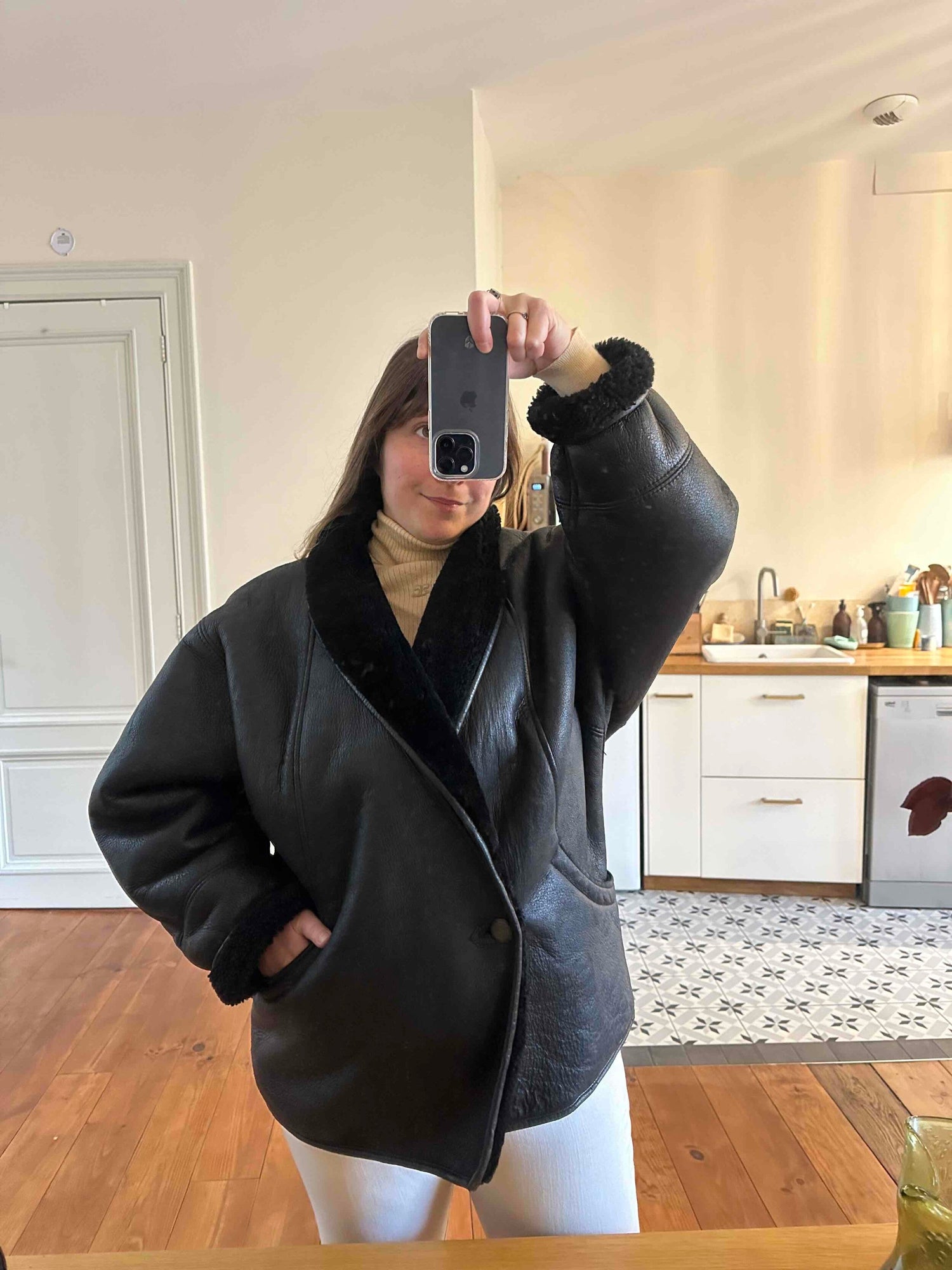 Wool-lined leather coat