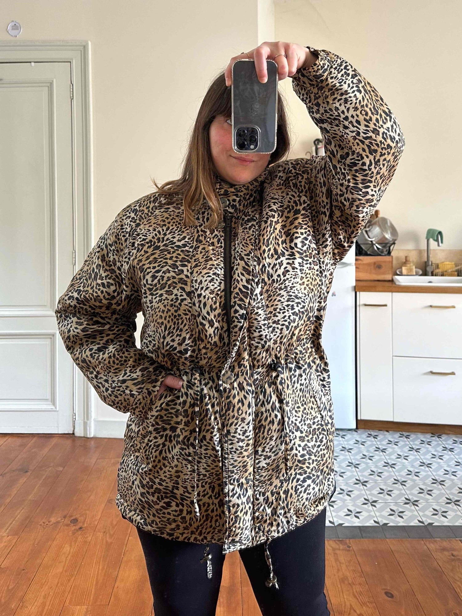 Leopard print silk puffer jacket