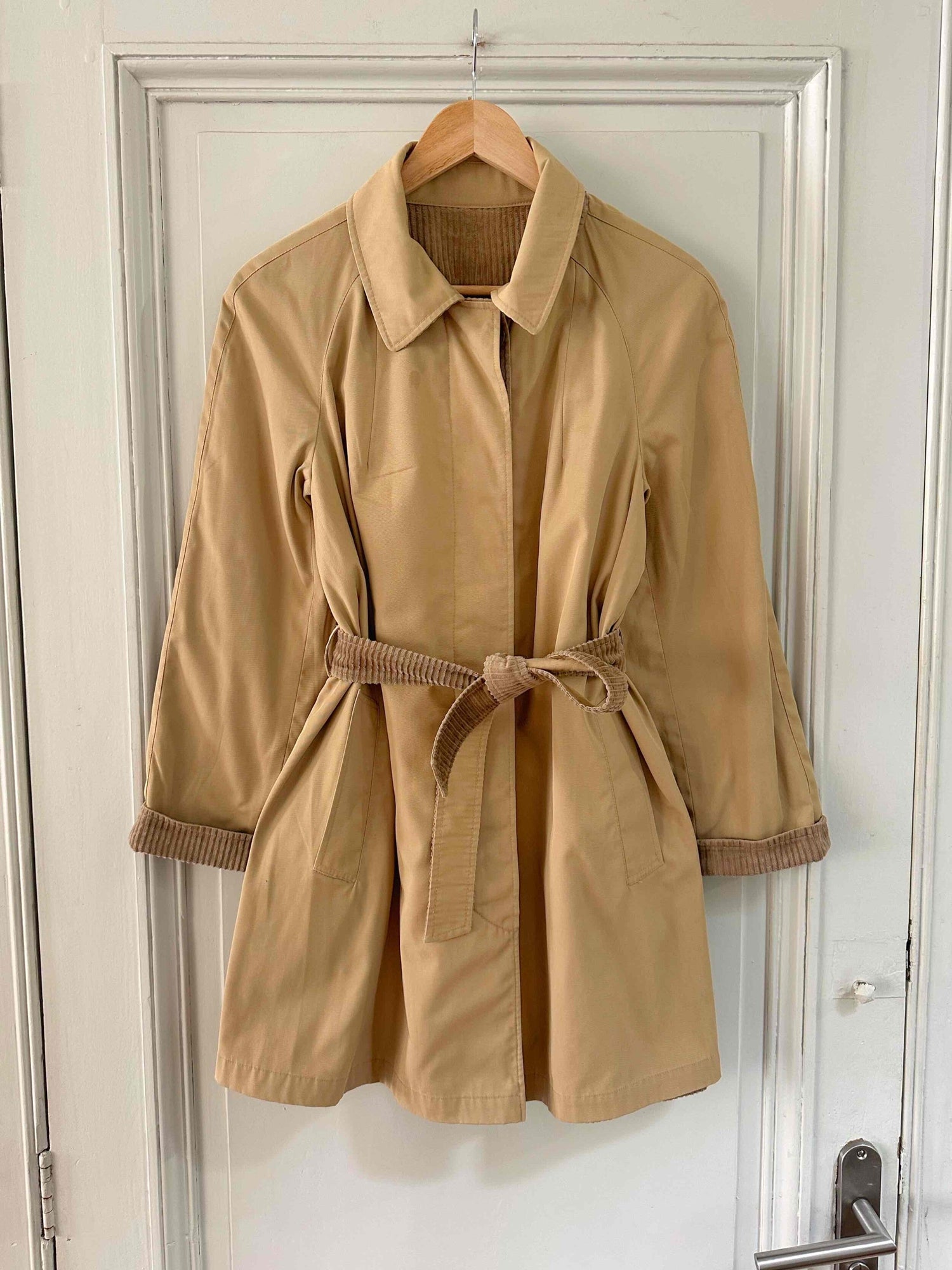 Reversible velvet trench coat