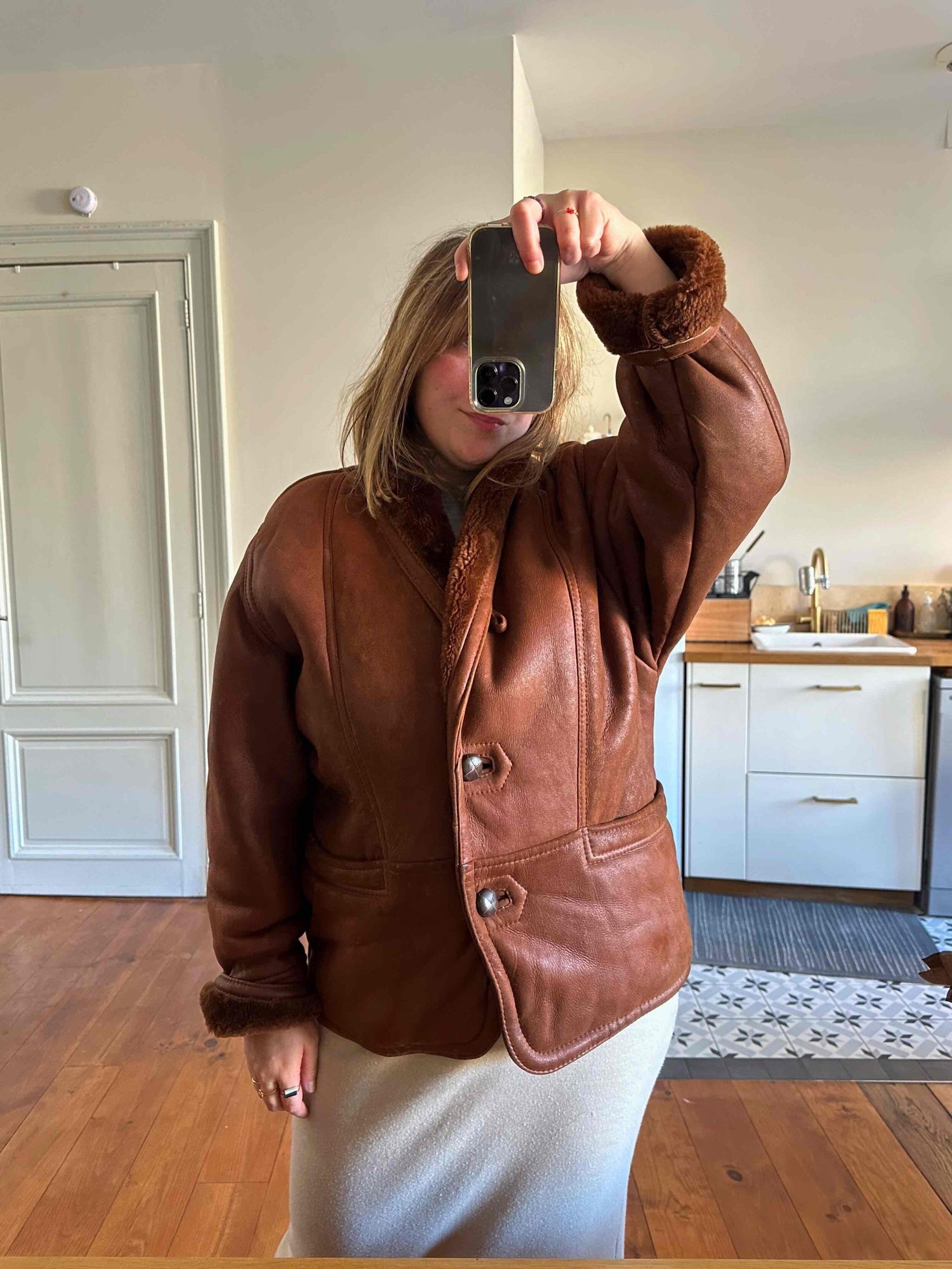 Wool-lined leather coat