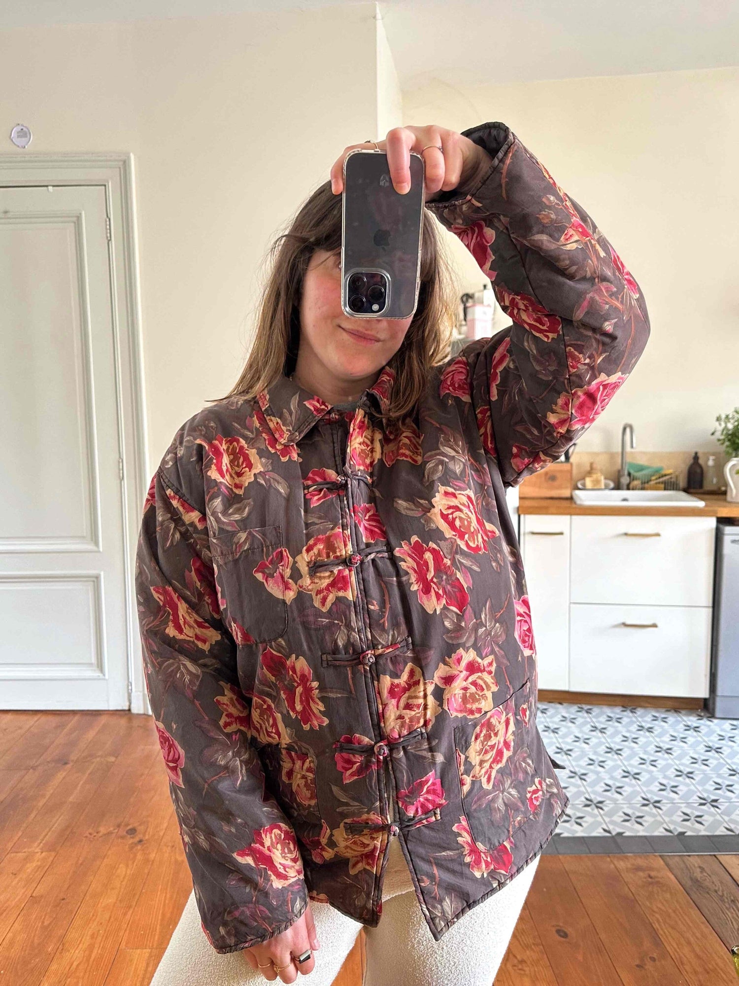 Doudoune fleurie en soie