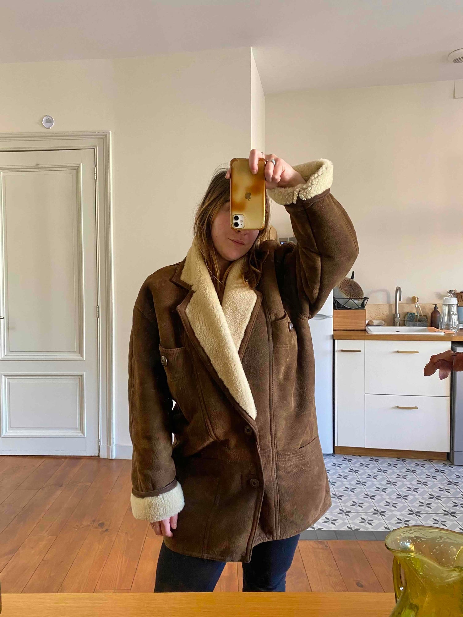 Wool-lined leather coat