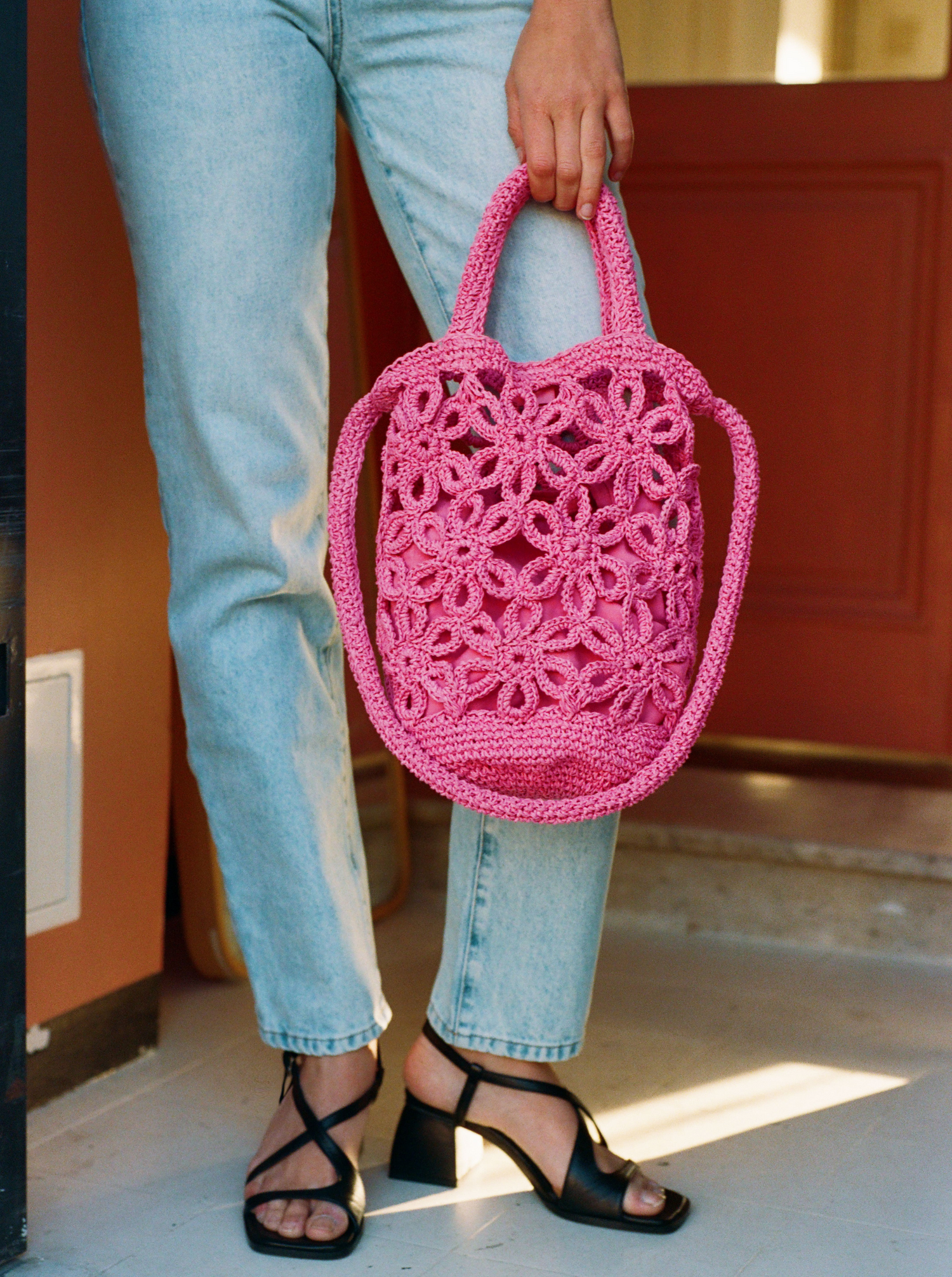 Sac Pink Raphia Flower Rose