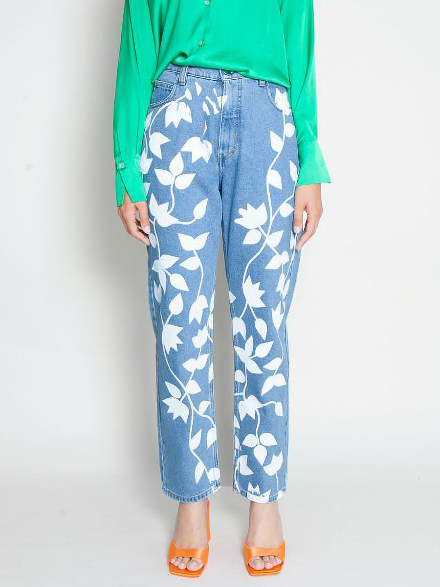 Women's High Waist Blue Jeans | Floral Print | Sustainable | Fanfare