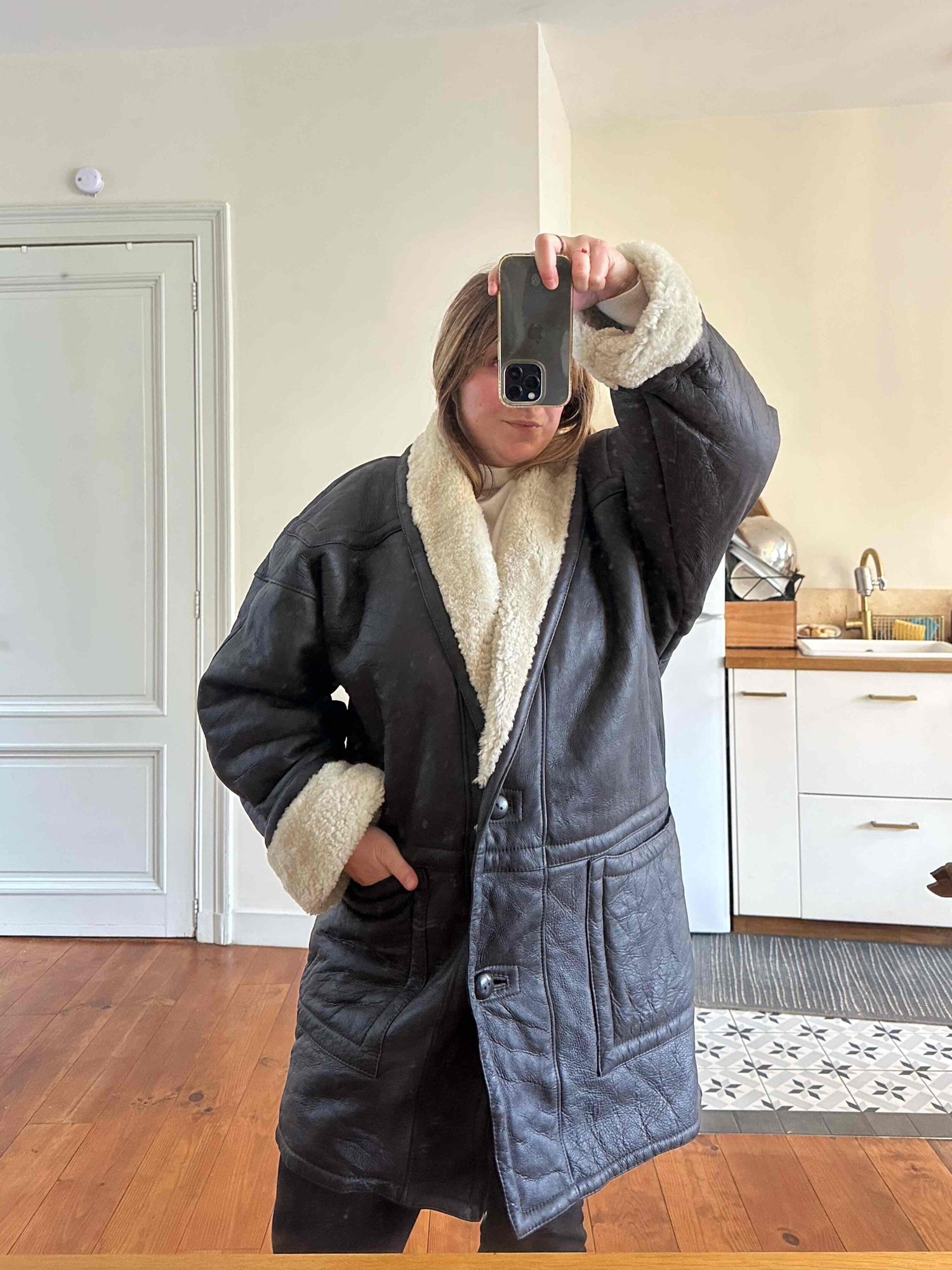 Wool-lined leather coat