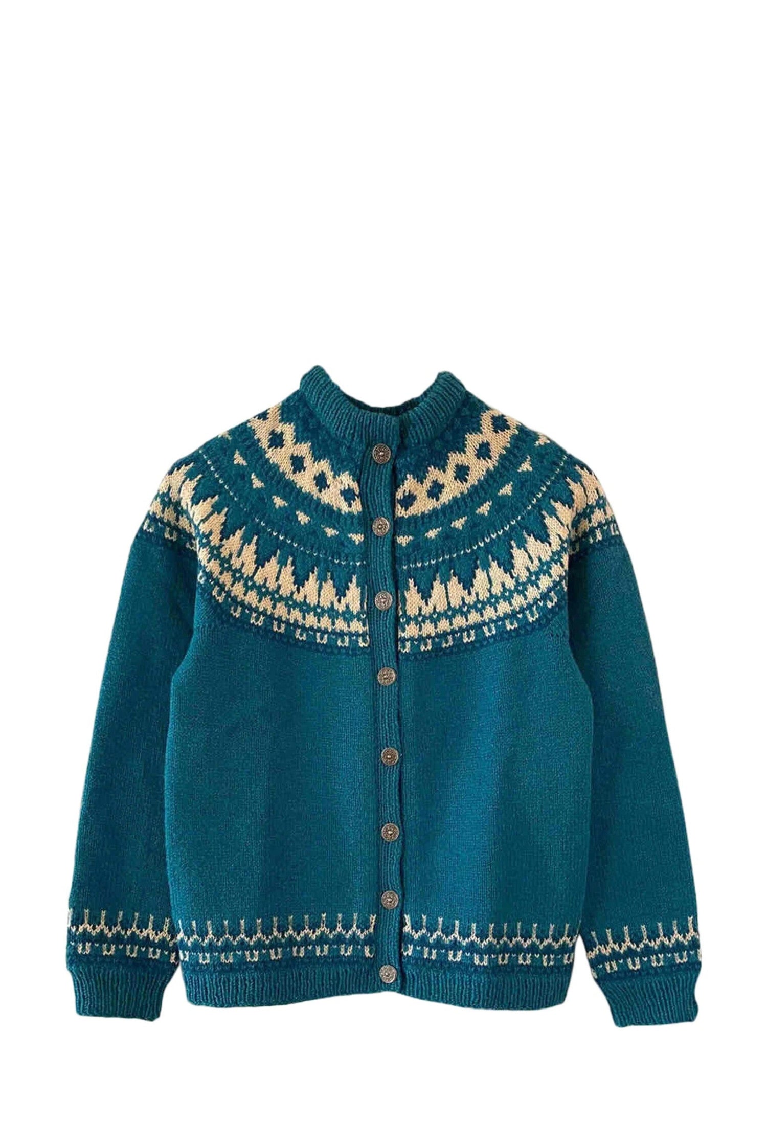Norwegian cardigan in pure petrol blue wool,
