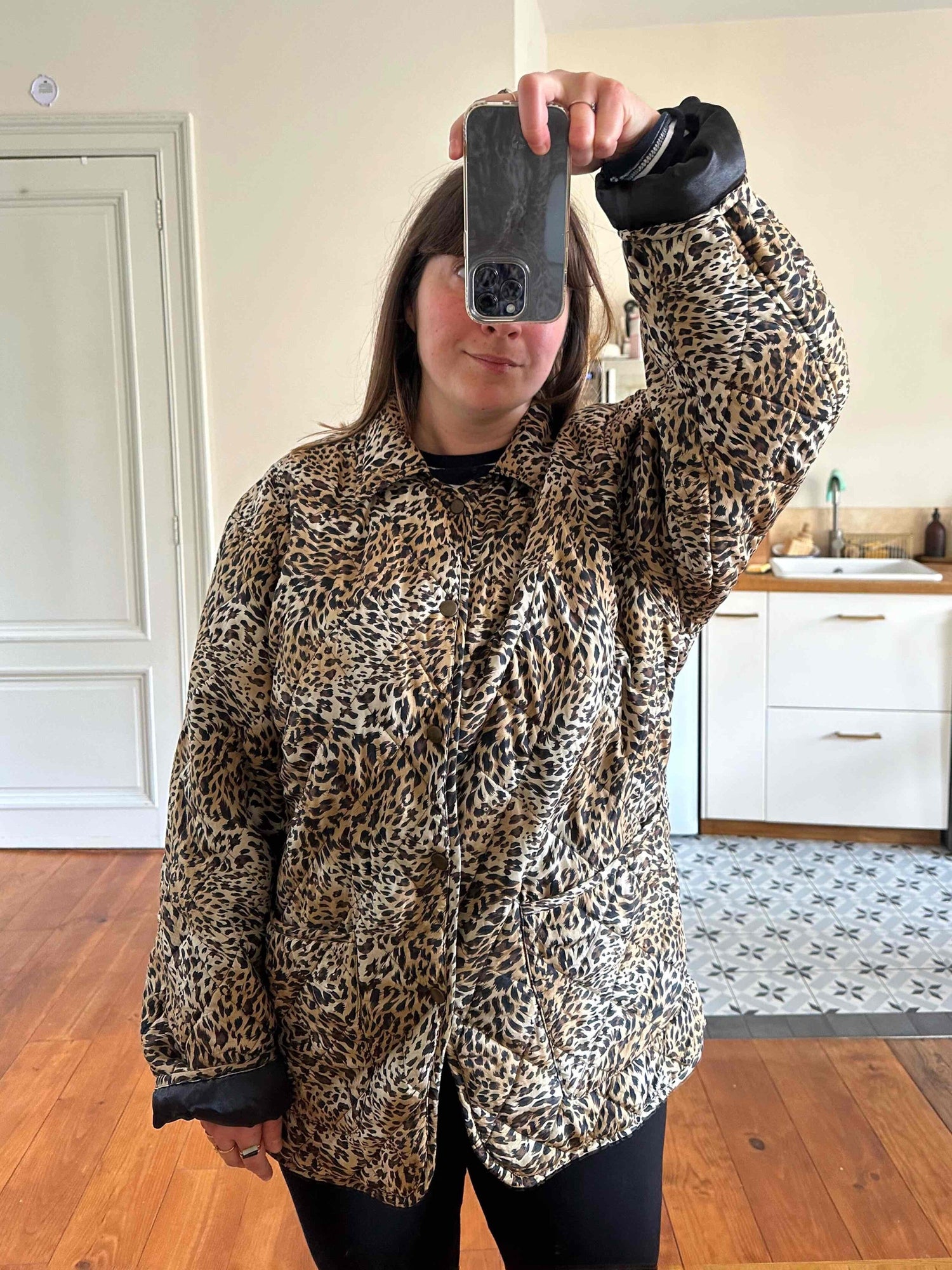 Leopard print silk puffer jacket