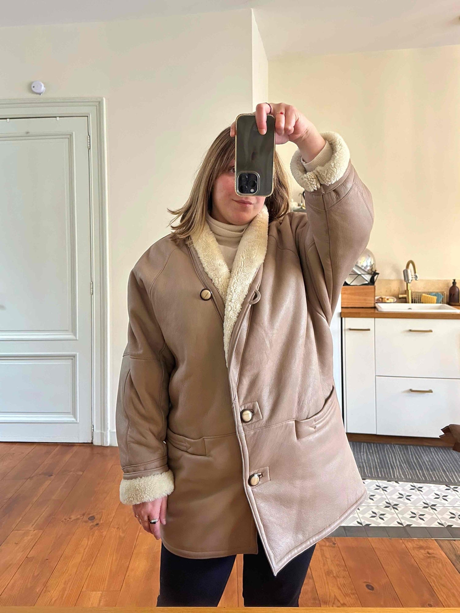 Wool-lined leather coat