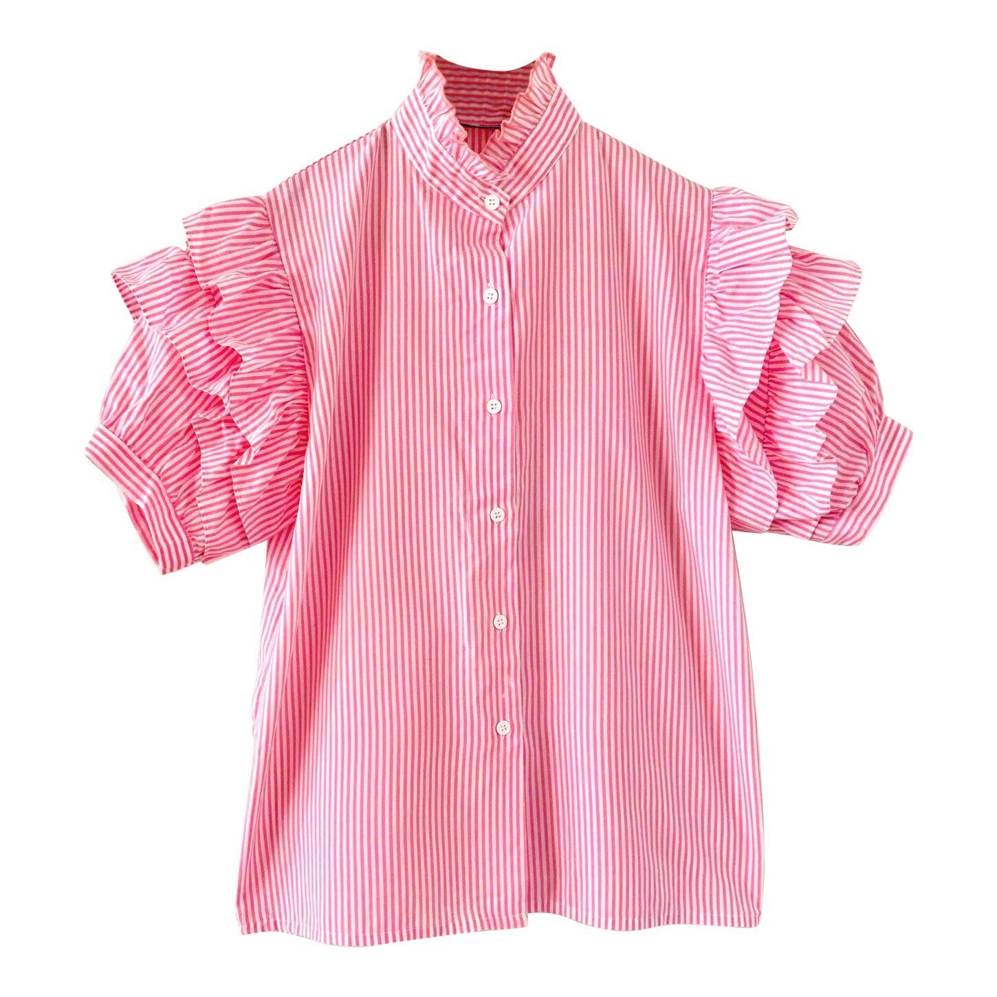 Striped Blouse with Ruffles in Melange Cotton