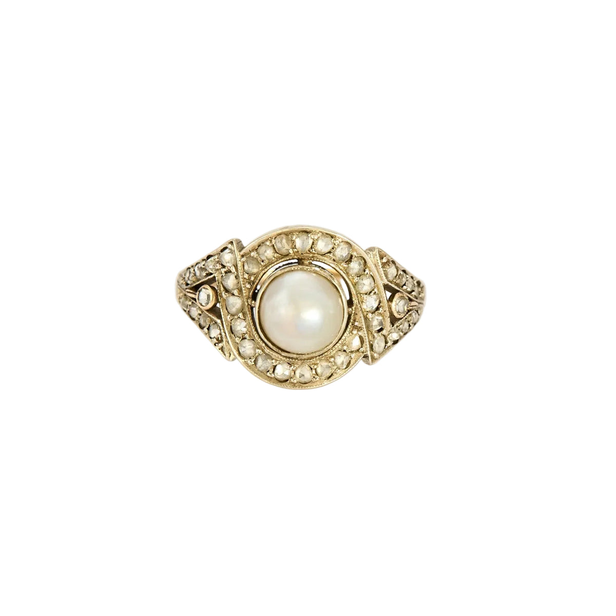 Bague Art déco, deux ors, perle bouton et diamants