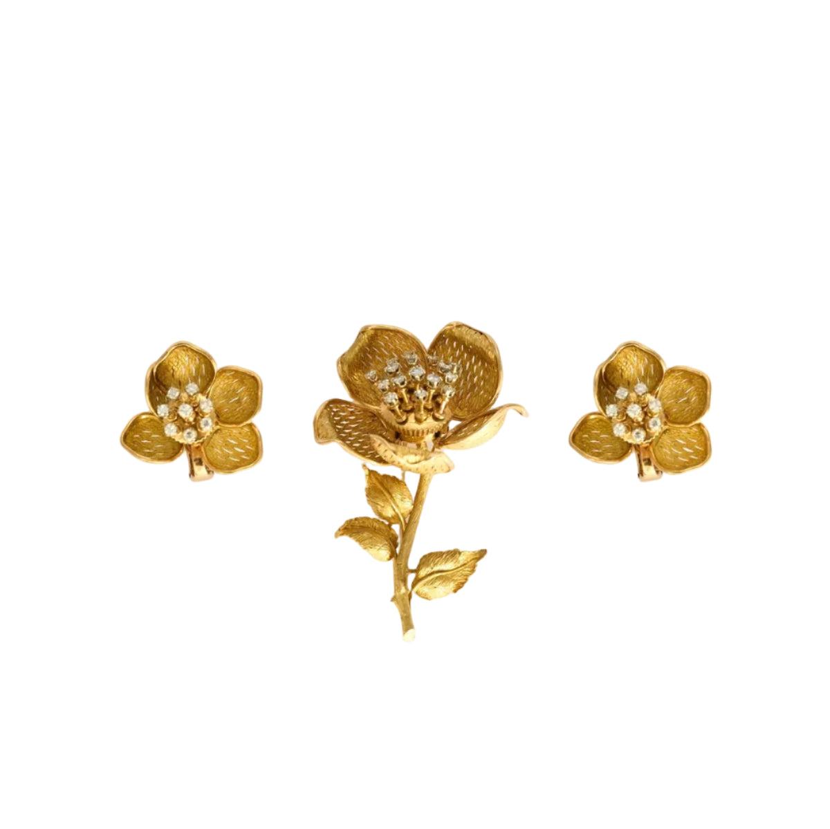 Parure florale - Broche et boucles d'oreilles or jaune, diamants