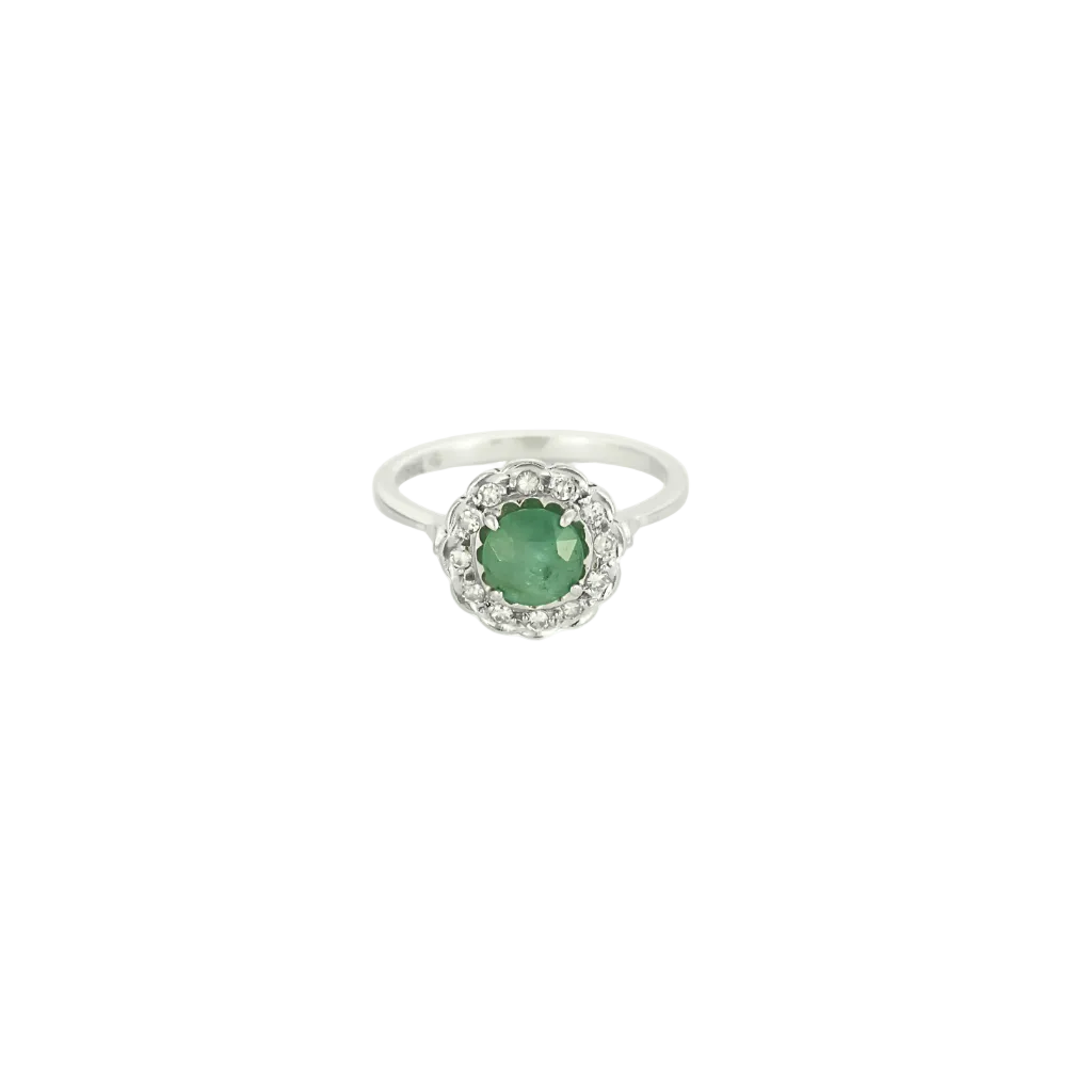 Bague marguerite en or blanc, émeraude et diamants