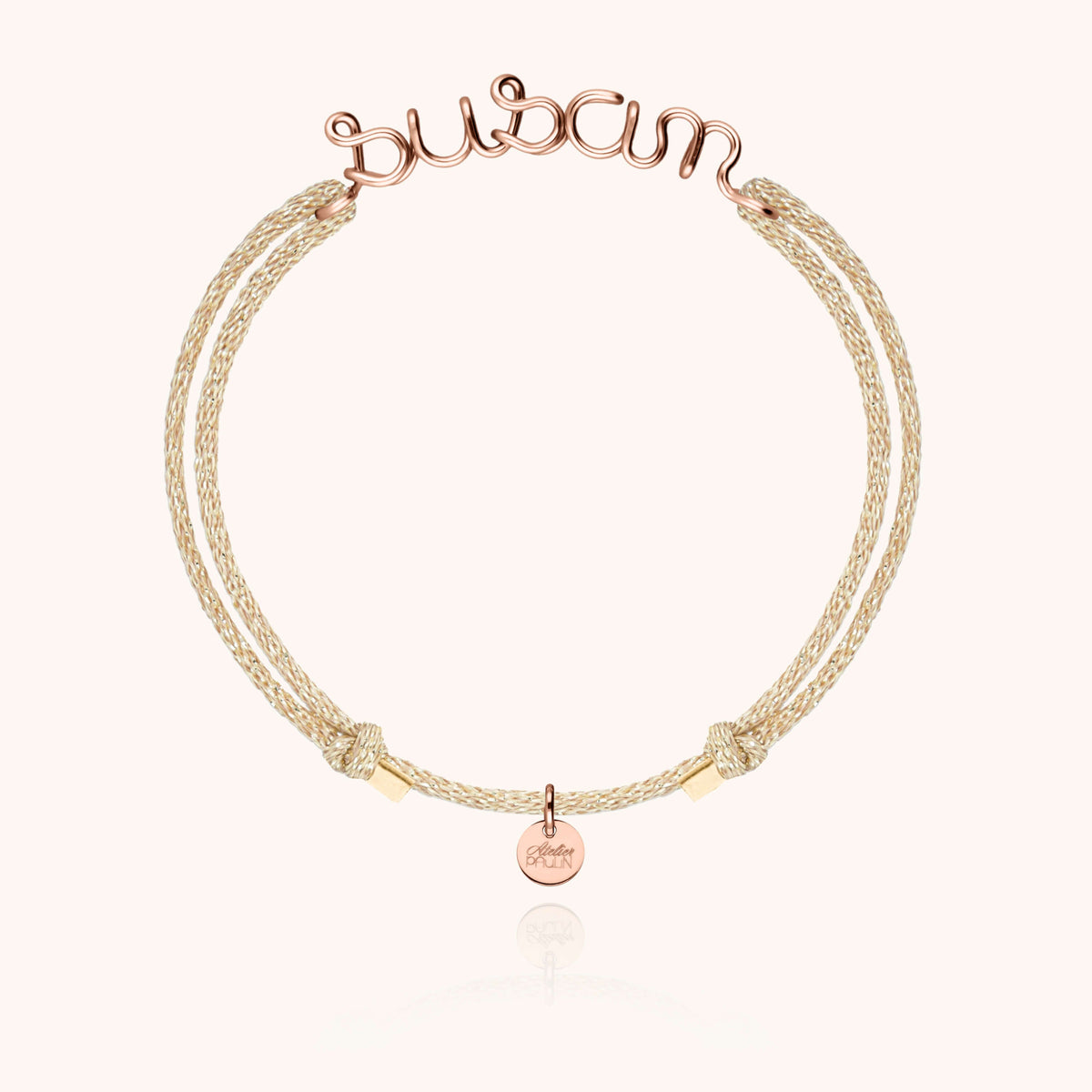 Bracelet Cordon Lurex Personnalisé porté au poignet — or rose laminé livraison express sécurisée
