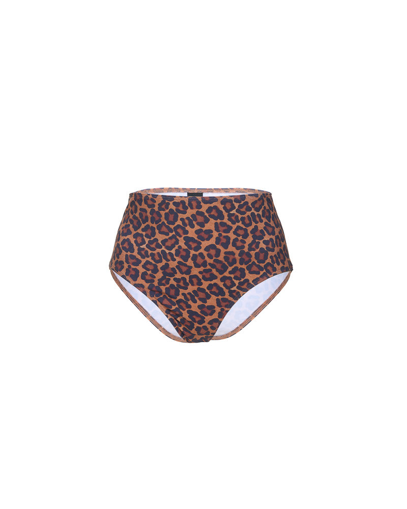 Culotte maillot de bain deux pièces Léopard Tropical – Tatiane de Freitas – culotte taille haute, maillot de bain rétro chic, motif léopard, coupe échancrée, jambes allongées, matière Oeko-Tex, bas bikini luxe marque française Lyon