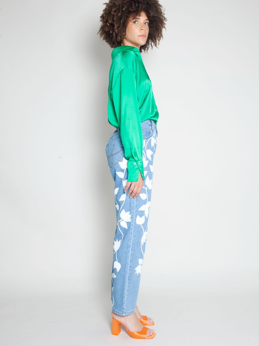 Women's High Waist Blue Jeans | Floral Print | Sustainable | Fanfare