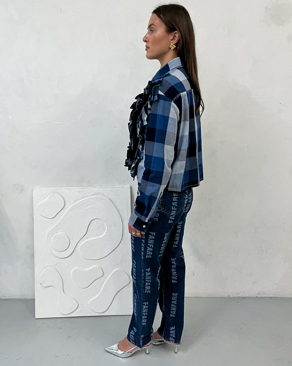 High Waisted Organic & Recycled Laser Fanfare Print Dark Blue Jeans