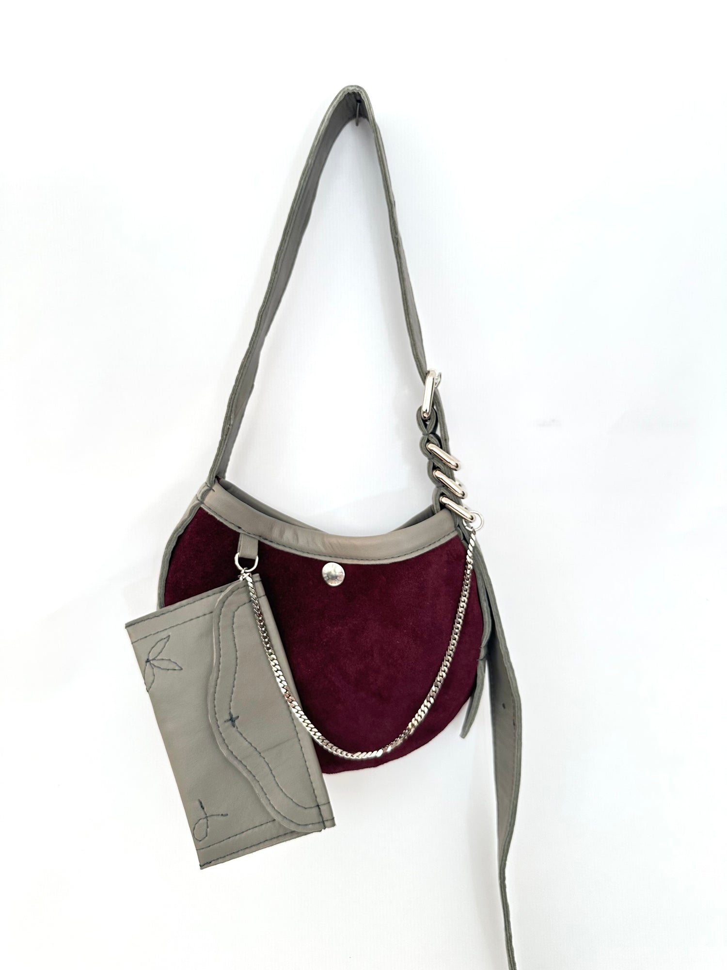 Mini Sac En Cuir Bordeaux / Gris + Porte Feuille Surpiqué Cowboy
