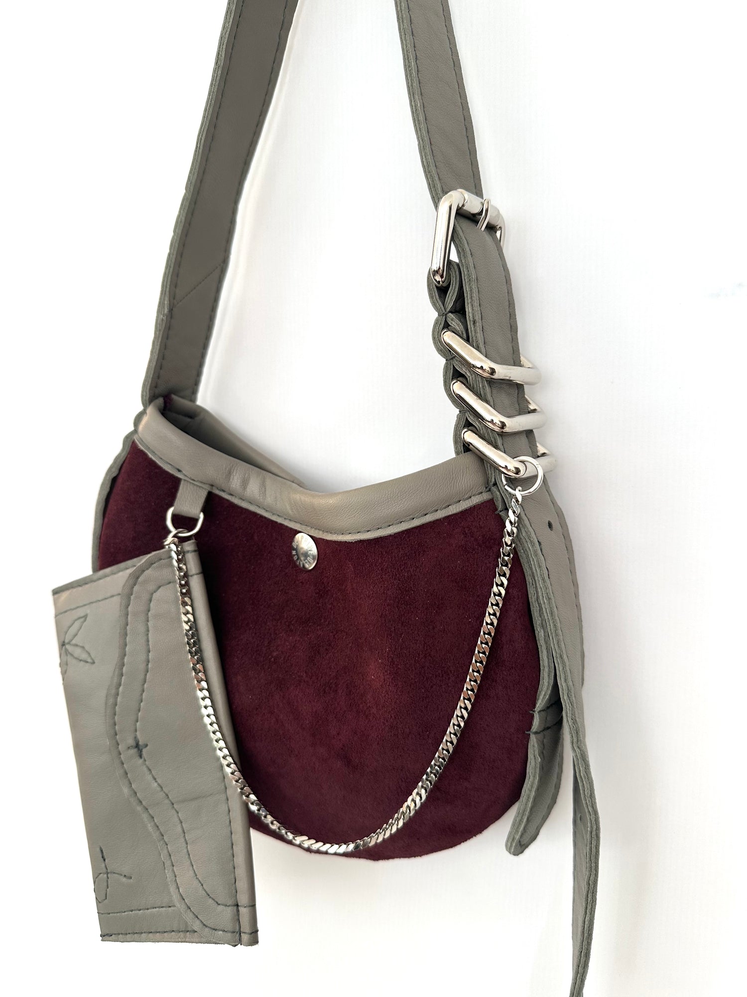 Mini Sac En Cuir Bordeaux / Gris + Porte Feuille Surpiqué Cowboy