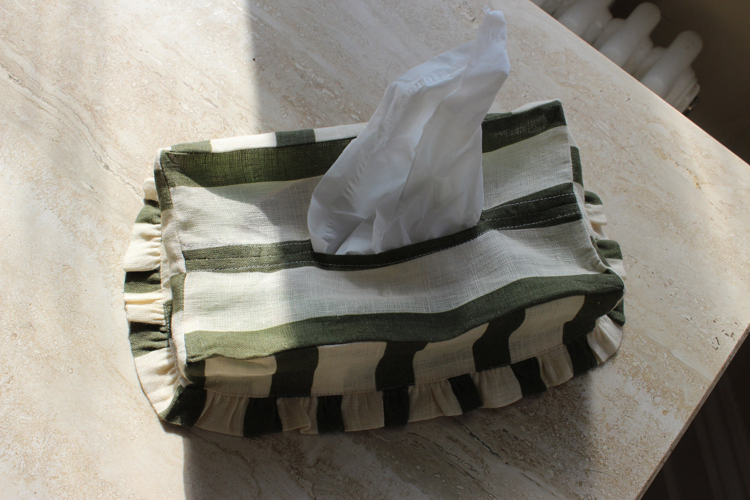 Olive & Ivory Thin Stripe Rectangle Tissue Box Cover
