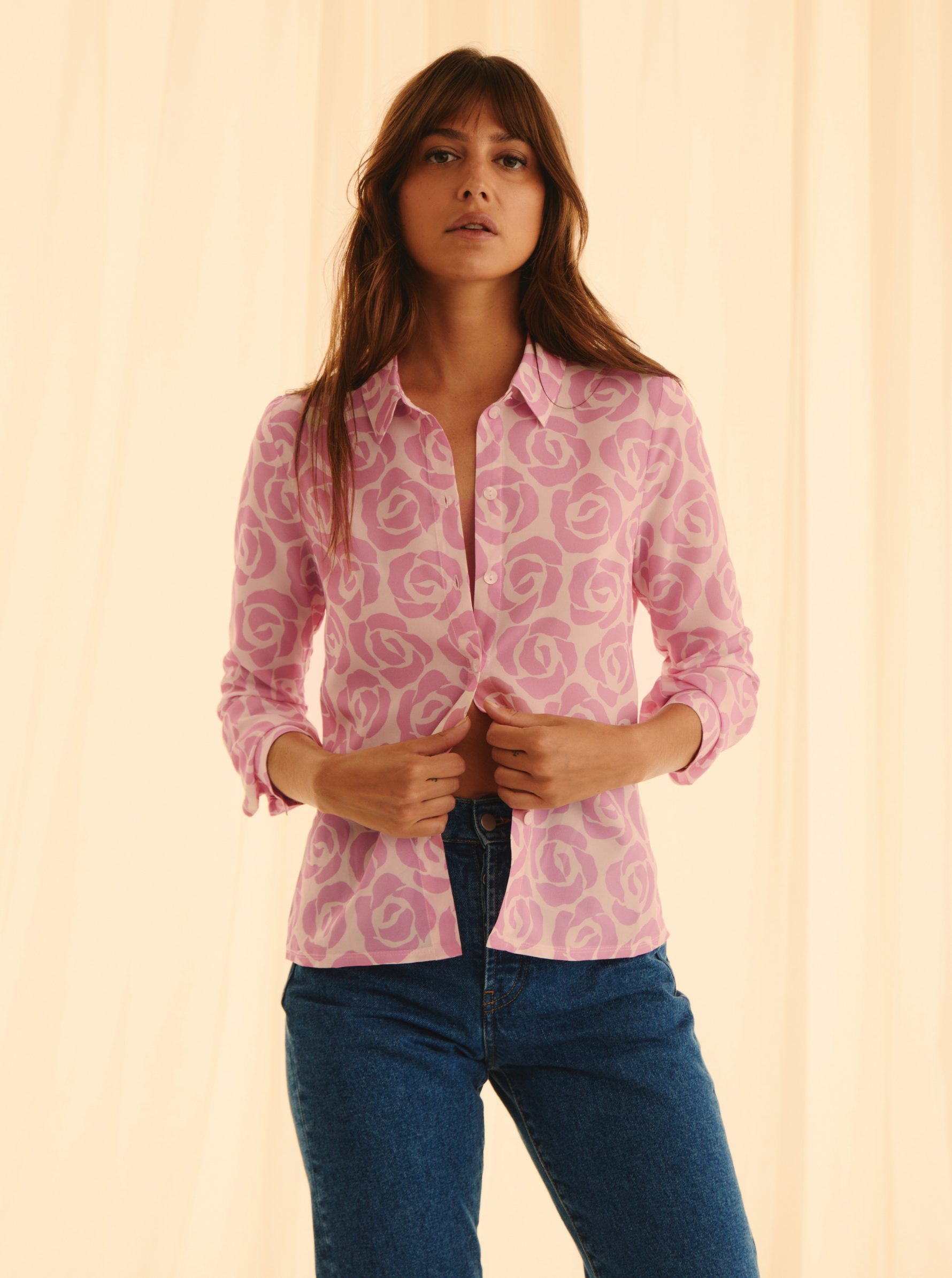 Chemise Pink & Roses col Cintrée