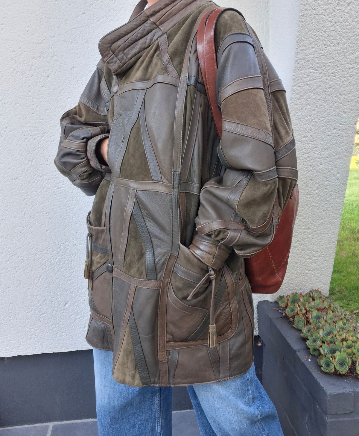Manteau cuir et daim patchwork