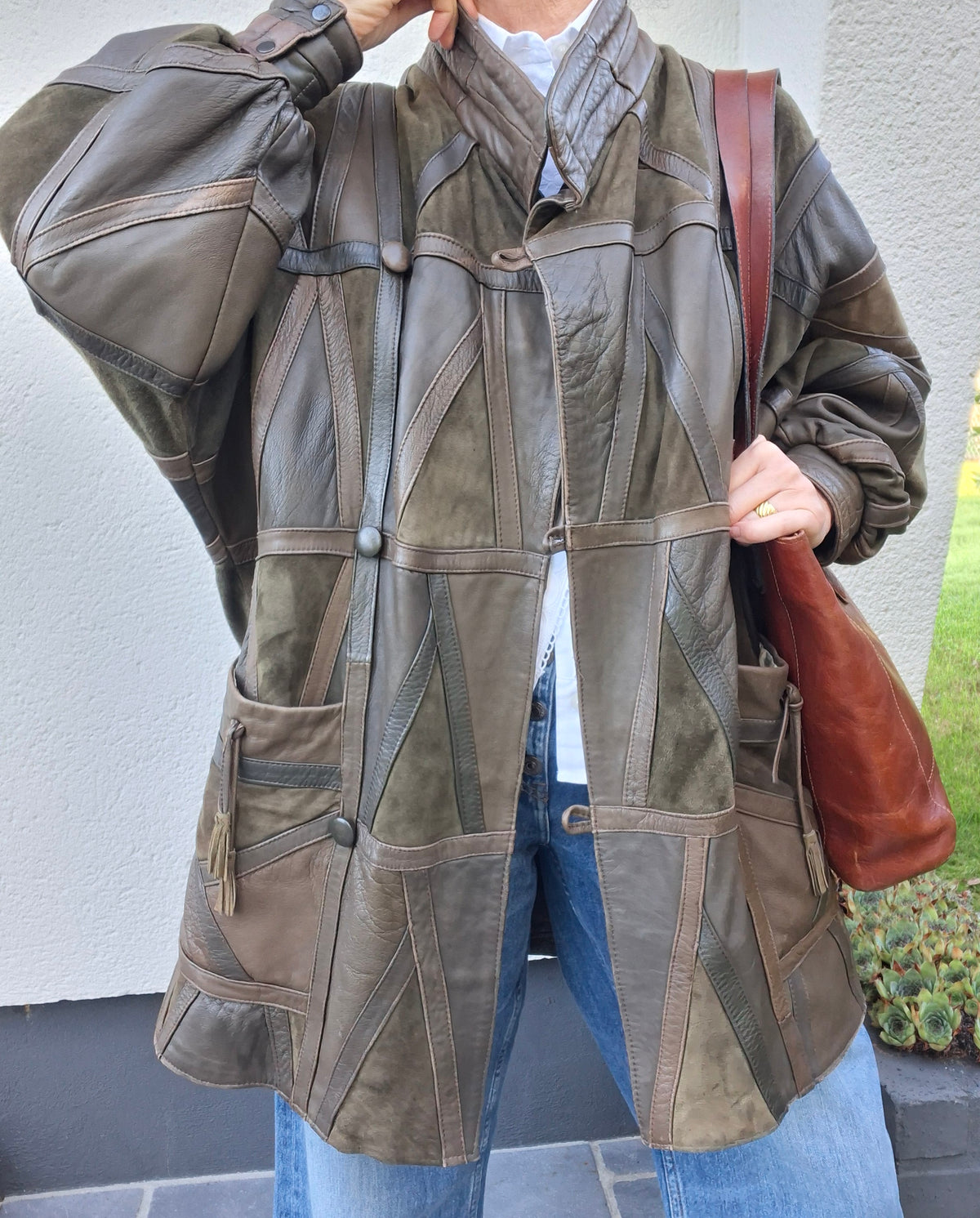 Manteau cuir et daim patchwork