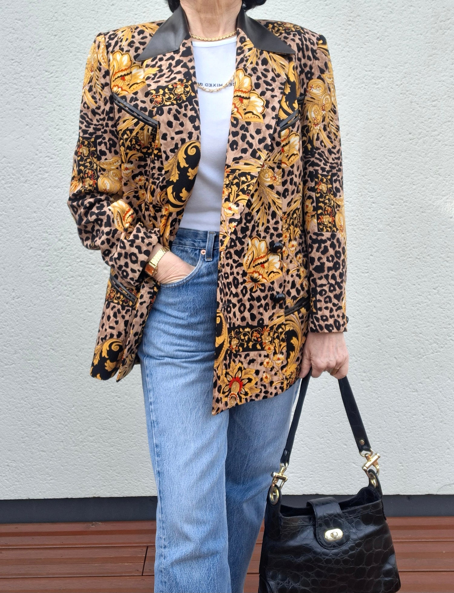 Veste léopard en laine et cuir