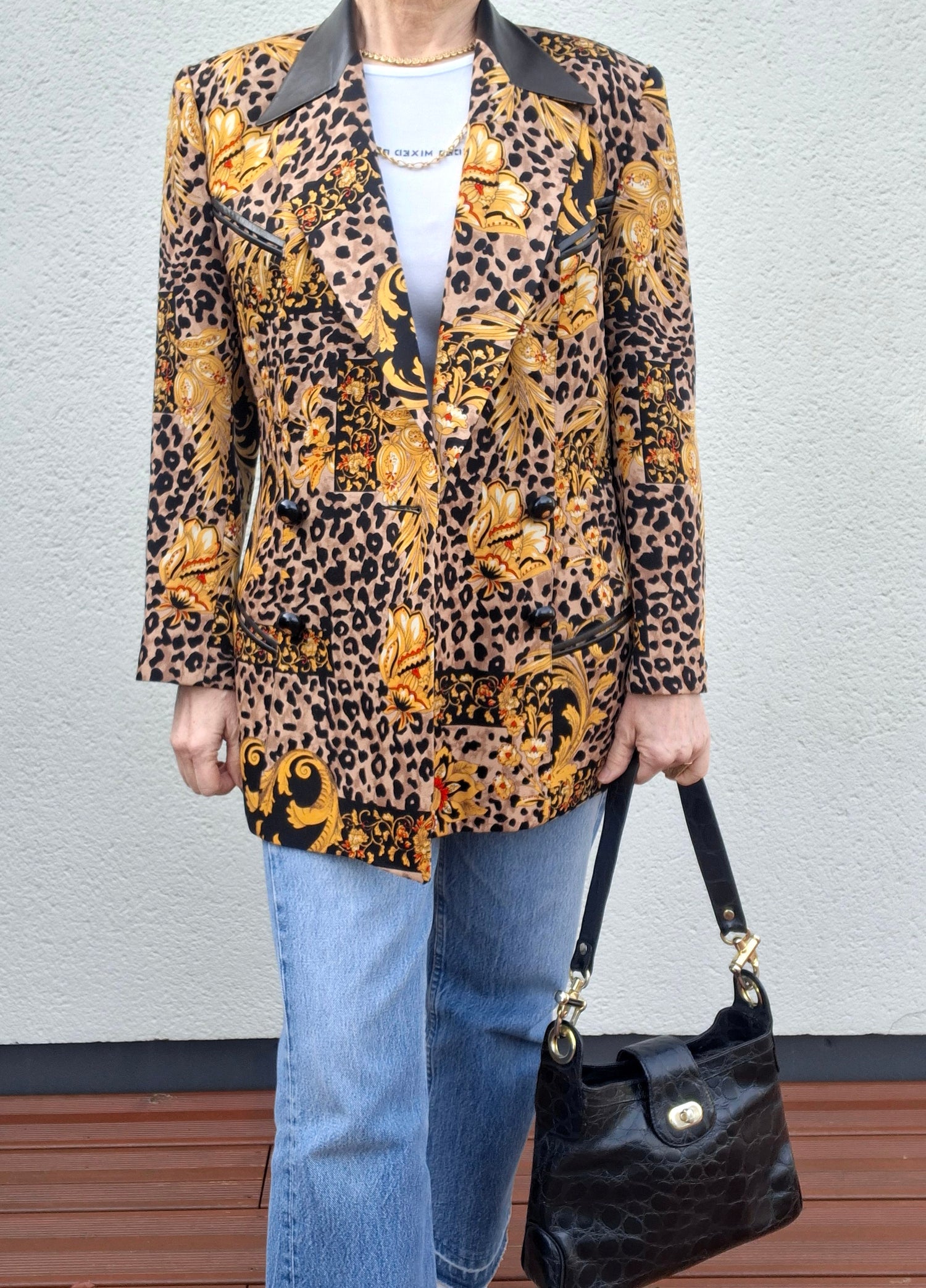 Veste léopard en laine et cuir