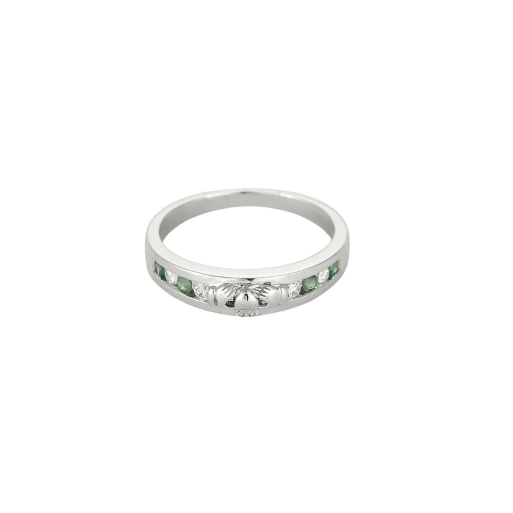 Bague jonc en or blanc, diamants et émeraudes
