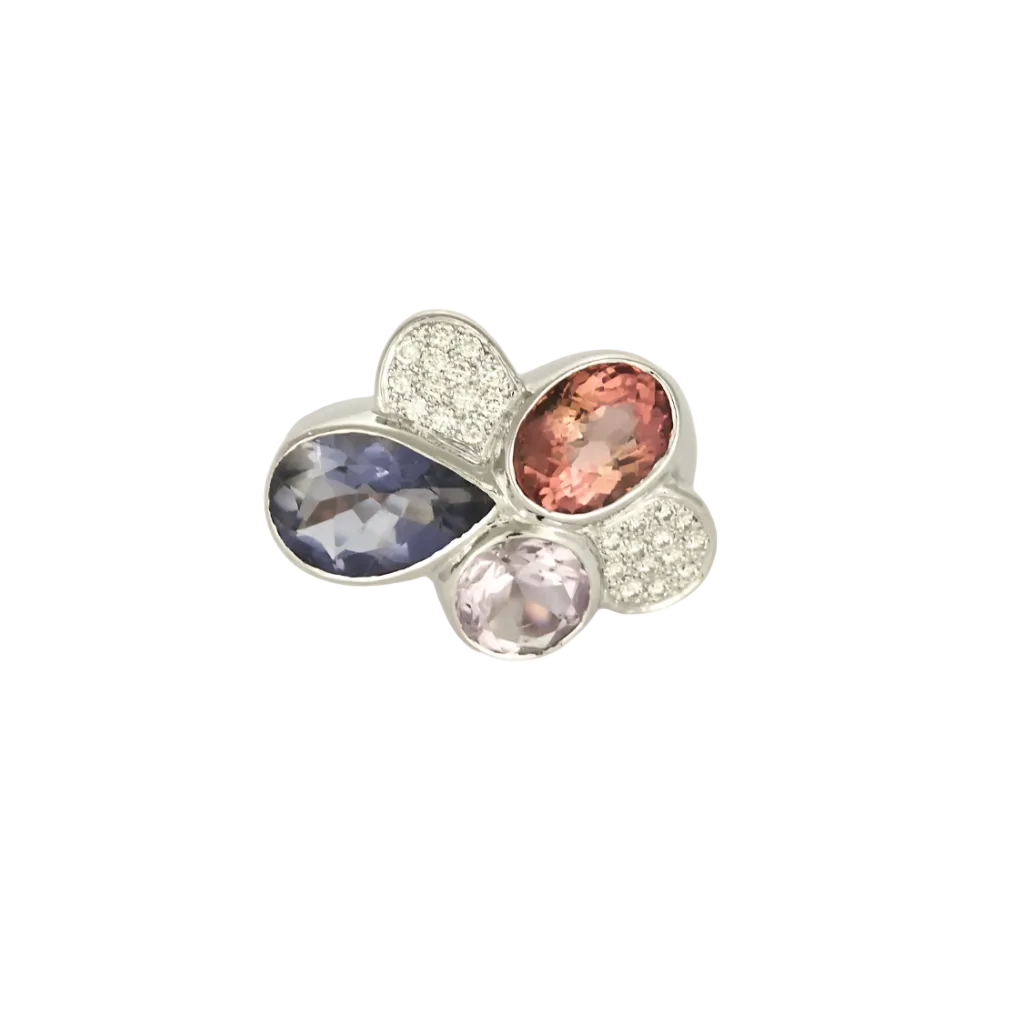 Bague moderniste en or gris, diamants, tourmaline rose et améthystes