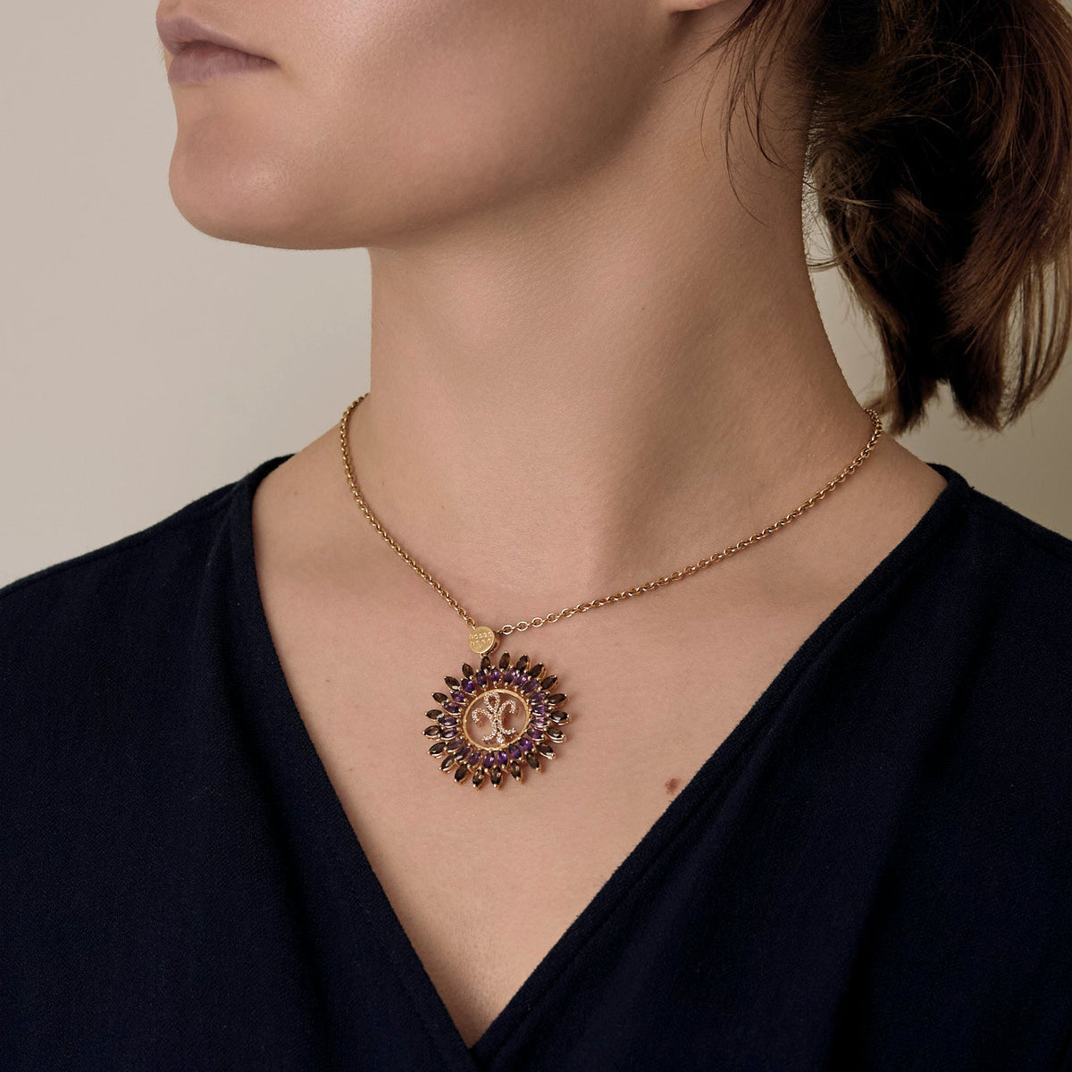 Pendentif en or jaune, améthyste et quartz fumé