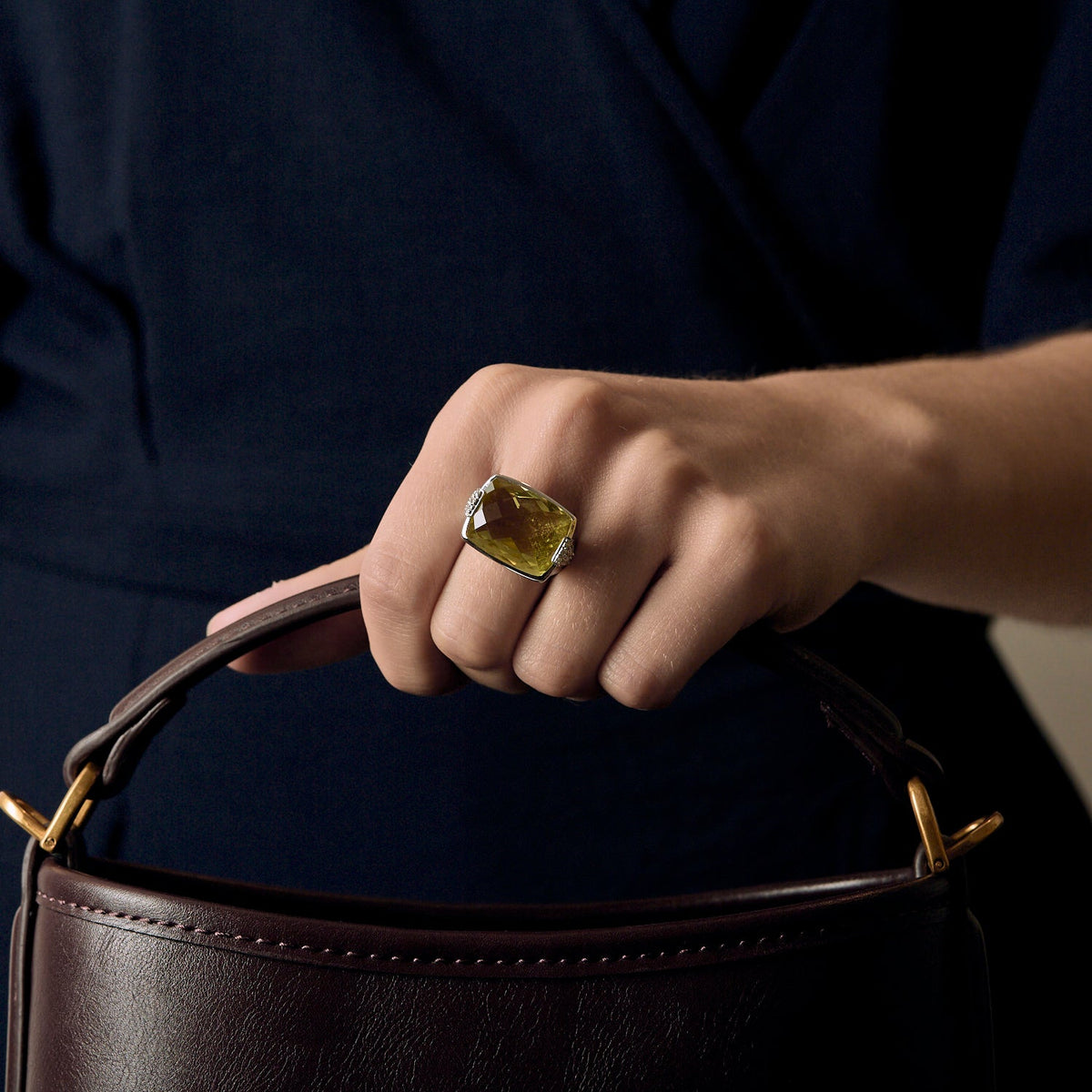 Bague cocktail or 14K quartz lemon et diamants