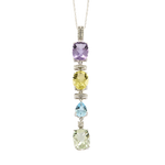 Collier en or gris et pendentif 14K diamants, améthyste, quartz et topaze bleu