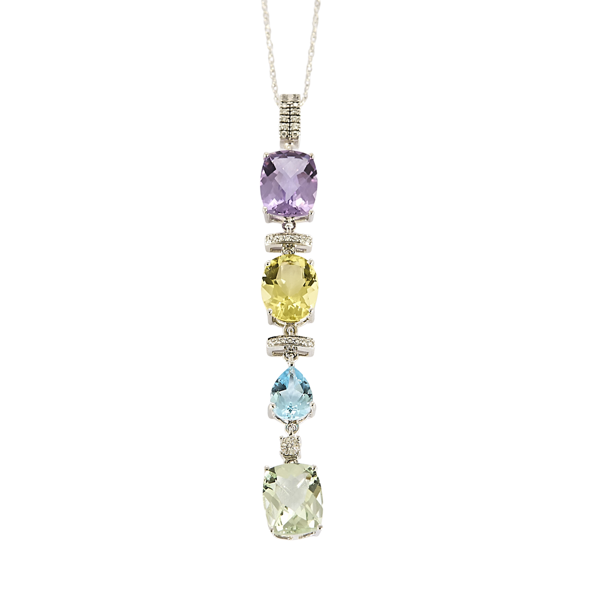 Collier en or gris et pendentif 14K diamants, améthyste, quartz et topaze bleu