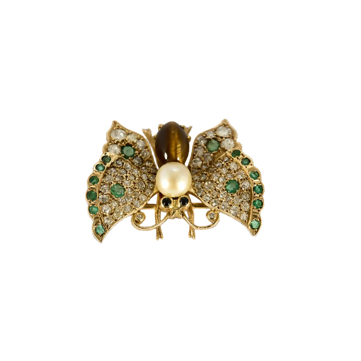 Broche Papillon en or jaune 14K, diamants, émeraudes, perles de culture et quartz