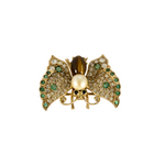 Broche Papillon en or jaune 14K, diamants, émeraudes, perles de culture et quartz