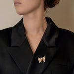 Broche Papillon en or jaune 14K, diamants, émeraudes, perles de culture et quartz