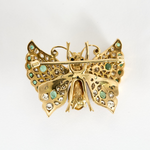 Broche Papillon en or jaune 14K, diamants, émeraudes, perles de culture et quartz