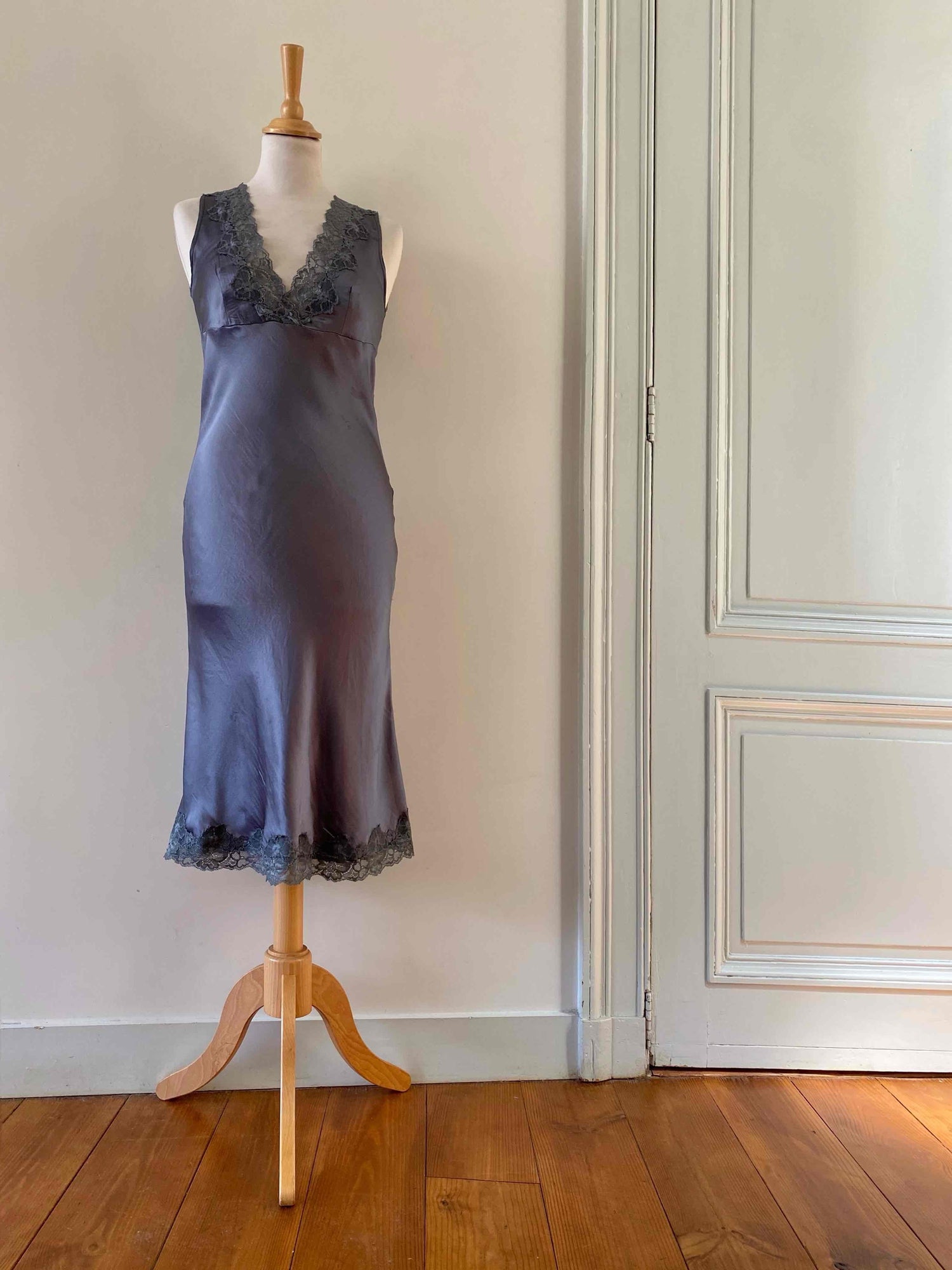 Rain-blue satin silk slip dress,