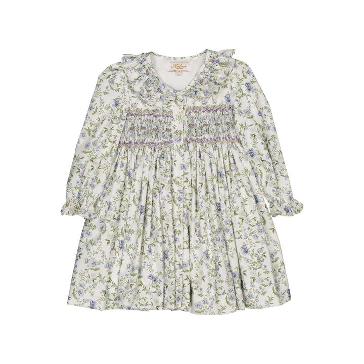 Adeline, robe à smocks, en imprimé romantique avec des fleurs bleues