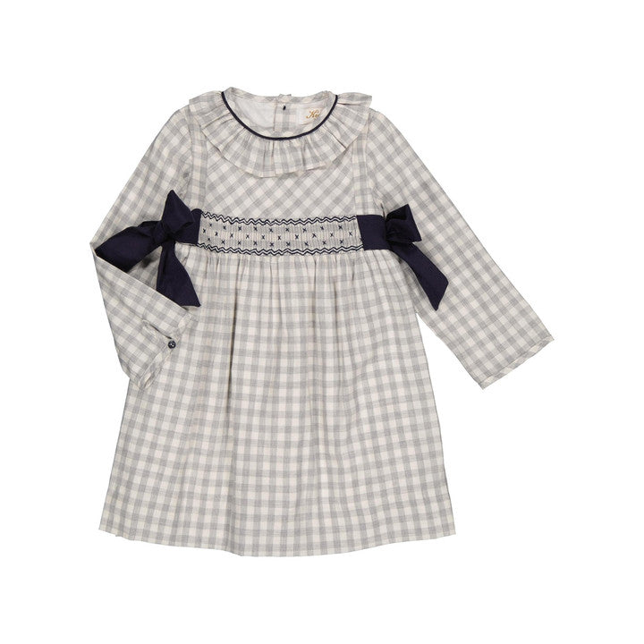 Adriana, robe à smocks en sergé vichy gris pâle