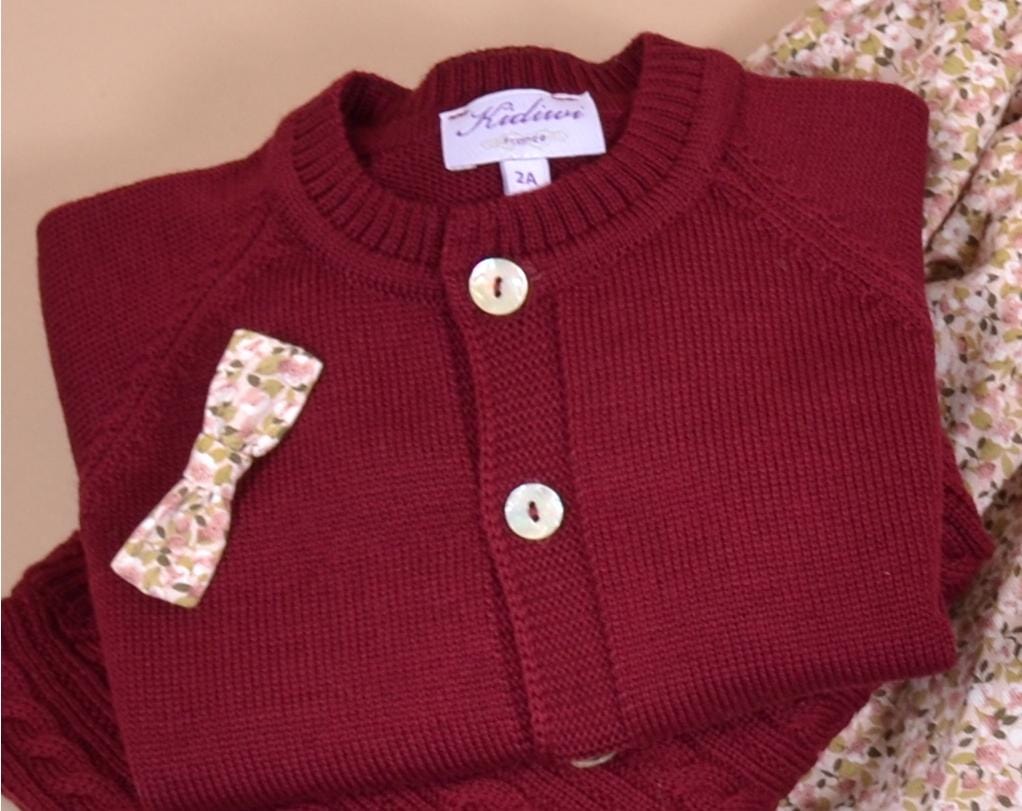 Alenza, Round neck cardigan 100% merinos wool, Burgundy