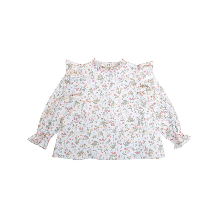 Angélique, Blouse col montant volanté et smocké imprimé Herbier Thym rose