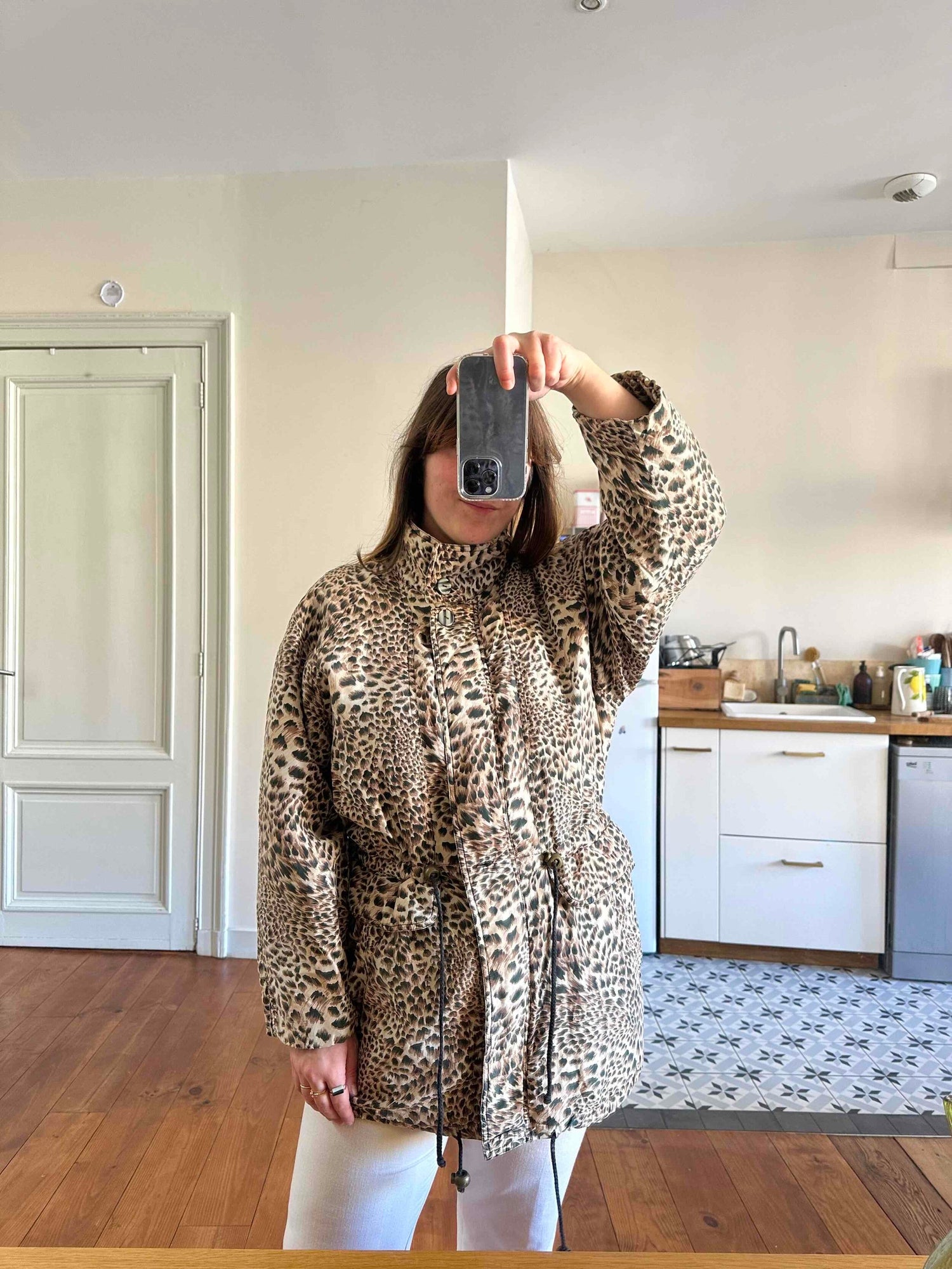 Leopard print silk puffer jacket