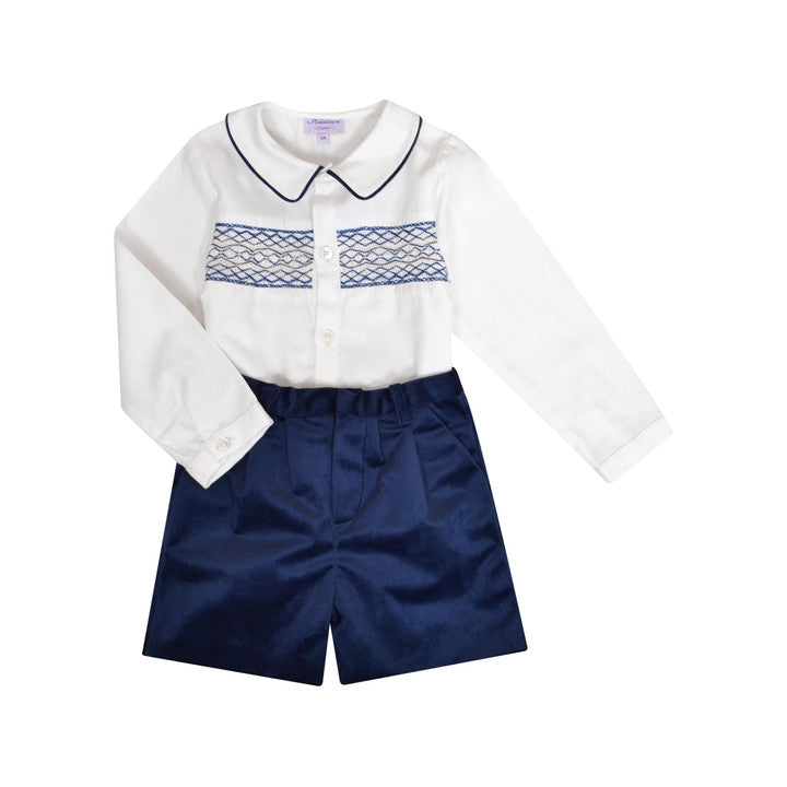Benoit, ensemble garçon, avec chemise smockée et short en Velours lisse marine